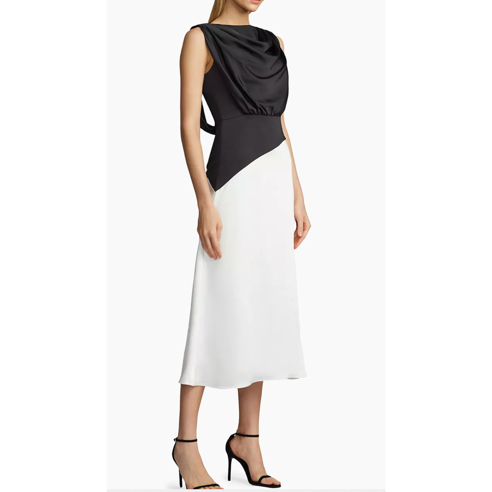 Zac Posen Colorblocked Satin Midi-Dress Black/White Size 12 NWT
